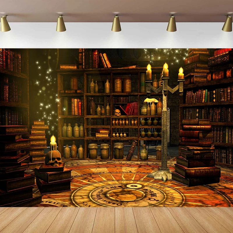 Vintage Room Photography Backdrop Witch Magical Potion Skull  Background Medieval Wizard Candle Bookshelf Retro Books Halloween