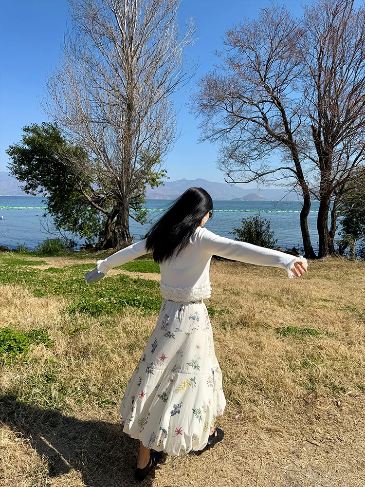 

Heidy Floral Cotton Lantern Skirt Belted Versatile Midi Skirt Spring Autumn Slimming High Waist Cotton Embroidered Half-length