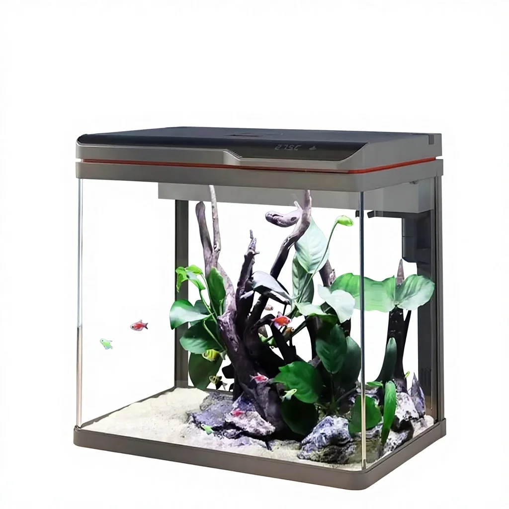 Glass Rectangle Desktop Aquarium Heat-Bent Wide Viewing Angle Vibrant Color Changing User-Friendly Feeding Port Energy Saving