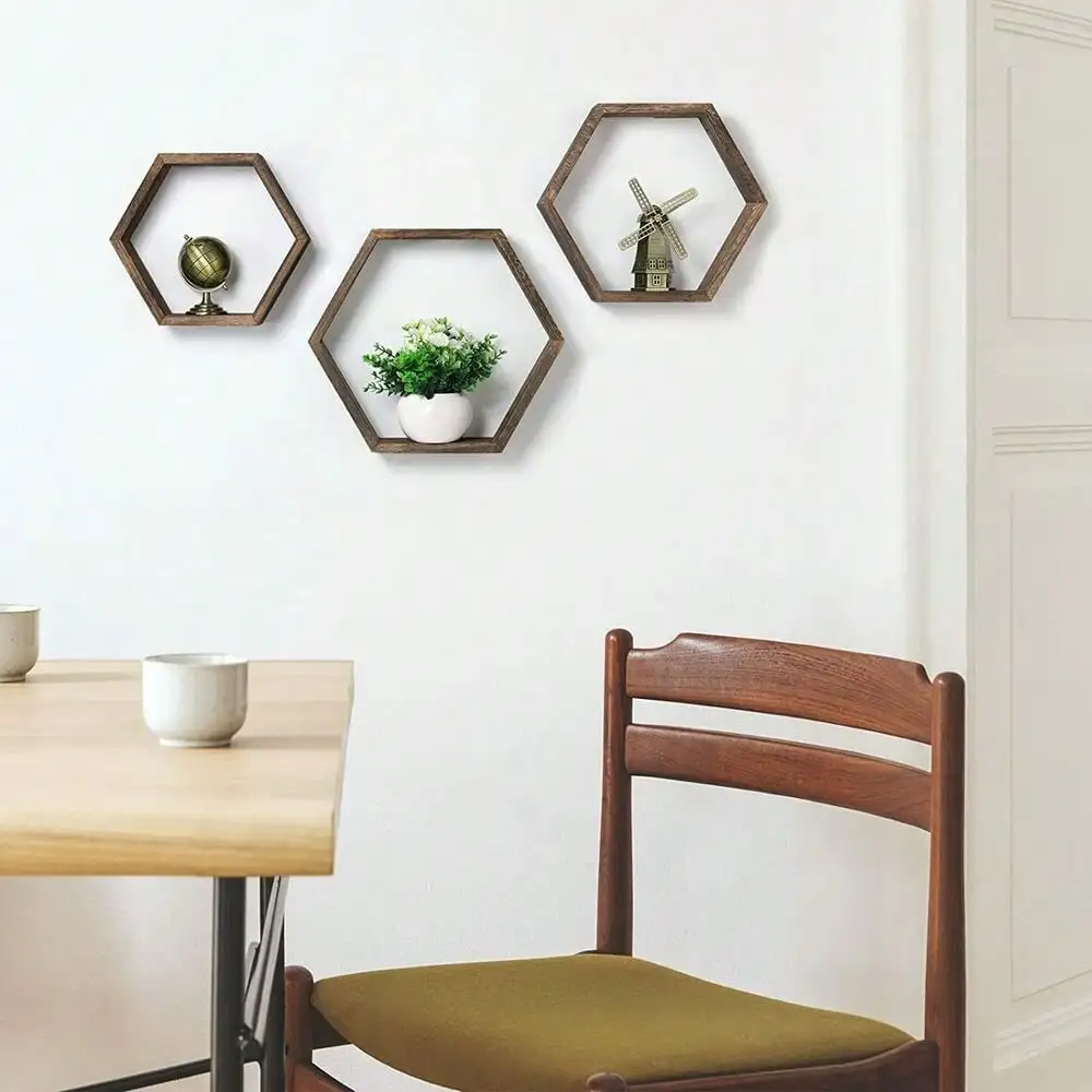 Set Of 6 Hexagon Floating Shelves Farmhouse Honeycomb Wood Wall Storage Shelf