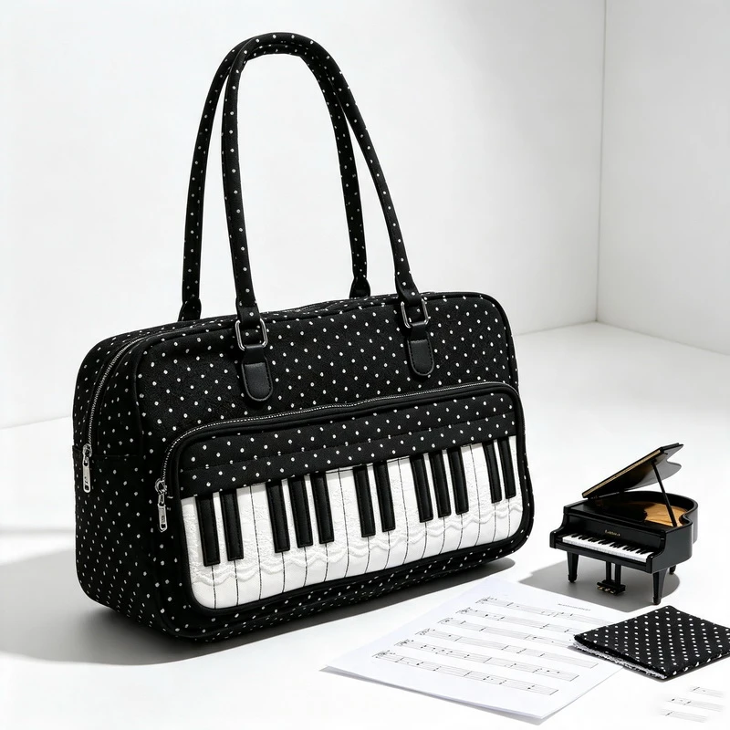 Polka Dot Piano Key Shoulder Bag,Women Bowling Nylon Handbag,Y2k Teen Girls Large Capacity Commuting Travel Sweet Cute Tote Bag