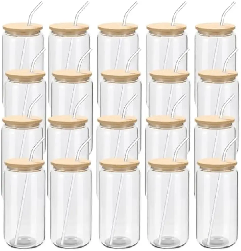 

Стеклянные чашки для пивных банок из 20 штук с бамбуковыми крышками и соломинками, многоразовые стаканы емкостью 16 унций для напитков