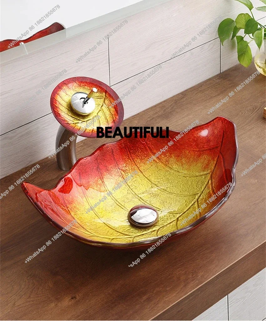 RR Household Washbasin Leaf Shape Bathroom Wash Basin Sink Tempered Glass Wash   Above Counter Basin Hotel Creative Art Basin
