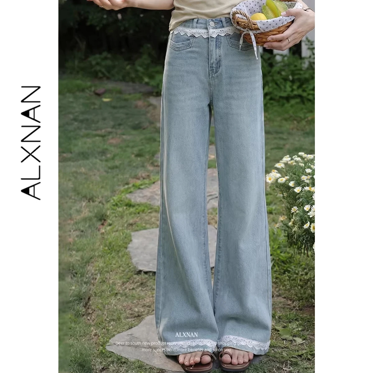 

Синие расклешенные джинсы ALXNAN для женщин с кружевными вставками, с высокой талией, в французском стиле, широкие прямые брюки-багги, женские брюки L61392A