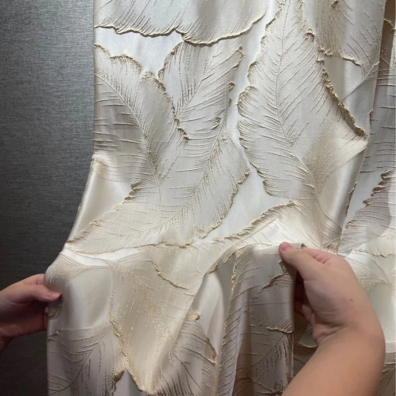 Embossed Stereoscopic Gold Silk Leaves Blackout Bedroom Curtains Luxury Villa Modern Curtain Bronzing Texture Window Drapes