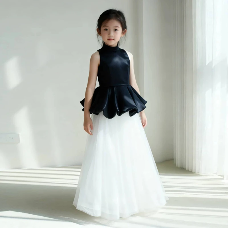 2026 Kids White Sleeveless Long Dress Girls Princess Gown Performance Host Birthday Party Elegant French Evening Gown Costume