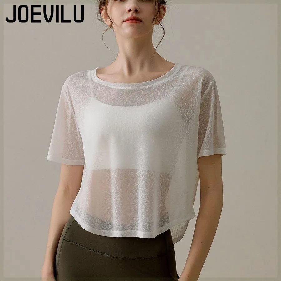 

JOEVILU Sports Fitness Micro Sheer Top Short Sleeve Lightweight Breathable Yoga Blouse Quick-drying Summer Loose Thin T-shirt