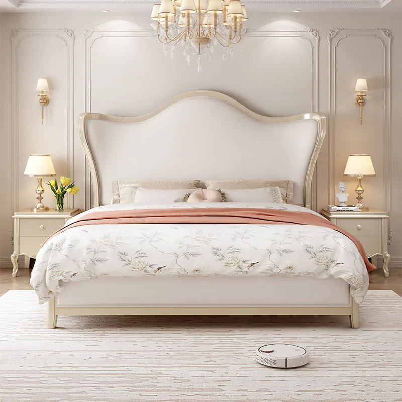 

Light Luxury French Solid Wood Double Bed Frame Master Bedroom Furniture High-end Elegant Wedding Bed
