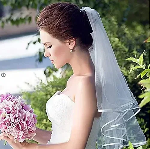 Wedding Bridal Veil with Comb Ribbon Edge Tulle for Brides 2 Tier Fingertip Length 60cm-80cm