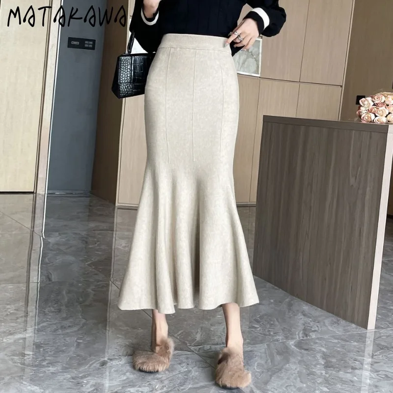 

Matakawa Mermaid Skirts for Women Solid Knitted Thick Elegant Ruffles Faldas Korean Fashion Sweet Autumn Winter Long Skirt