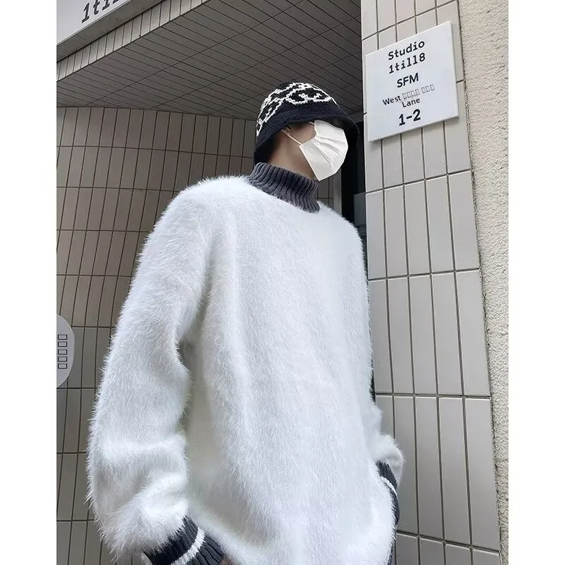 

Мужской вязаный свитер свободного кроя с высоким воротником в полоску, осенне-зимний, больших размеров (до 250 фунтов), в американском стиле, повседневный, модный топ