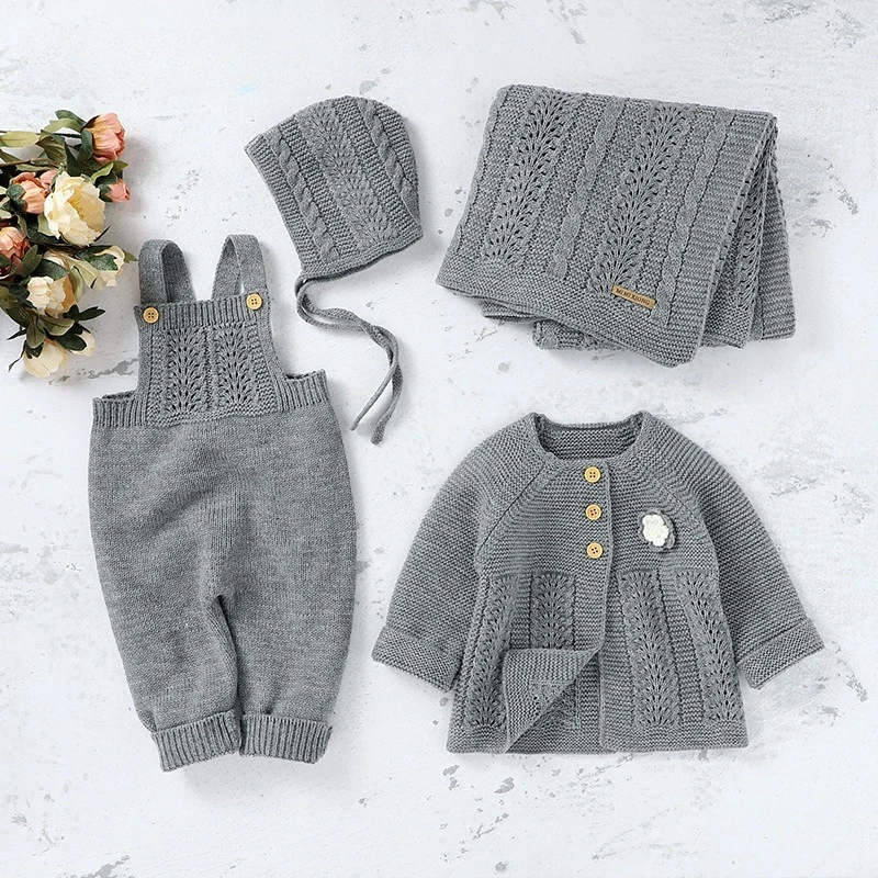 Somenie ins hot-selling baby girl suit solid color cardigan jacket + suspender jersey climbing suit + hat + blanket 4-piece set