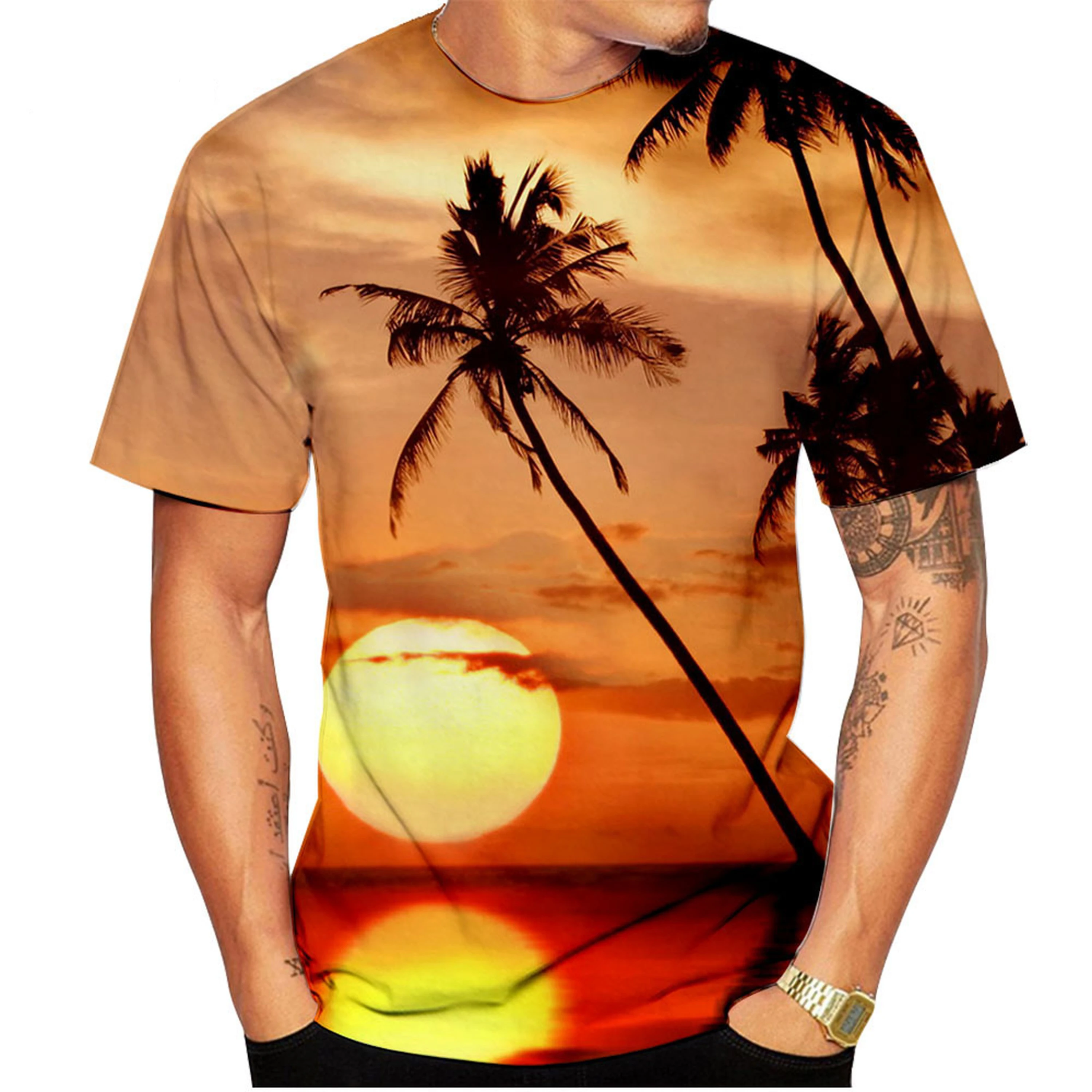 Summer Palm Tree Pattern T-Shirt Men Fashion Nature Pattern T-Shirt Casual 3D Printed Short Sleeve T-Shirt