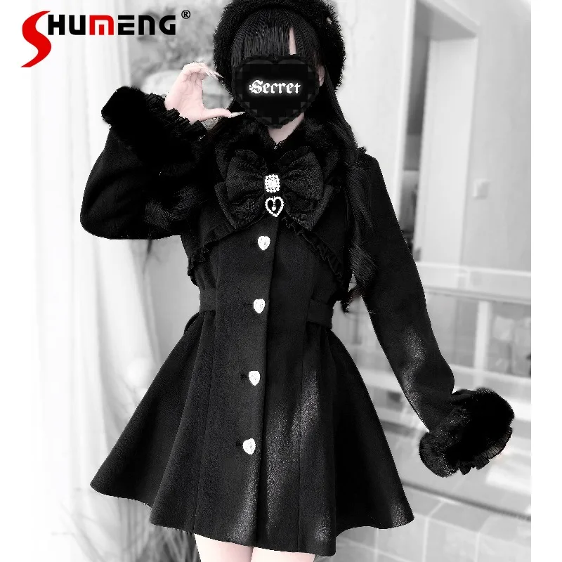 

Japanese Liz Mass-Produced Mine Series Kawaii Long Top Coat Fur Collar Waist-Cinching Long Sleeves Single-Breasted Woolen Jacket