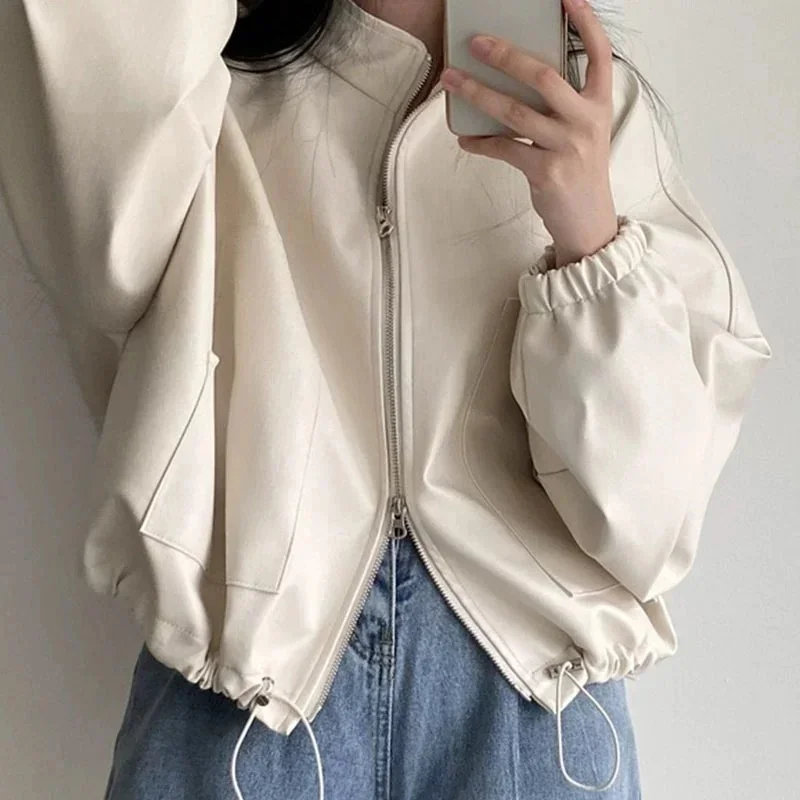 Y2K Women\'s Leather Jacket Loose Stand Collar Long Sleeve Solid Coat Fashion Street Style Pockers Zipper Drawstring Lady Outwear