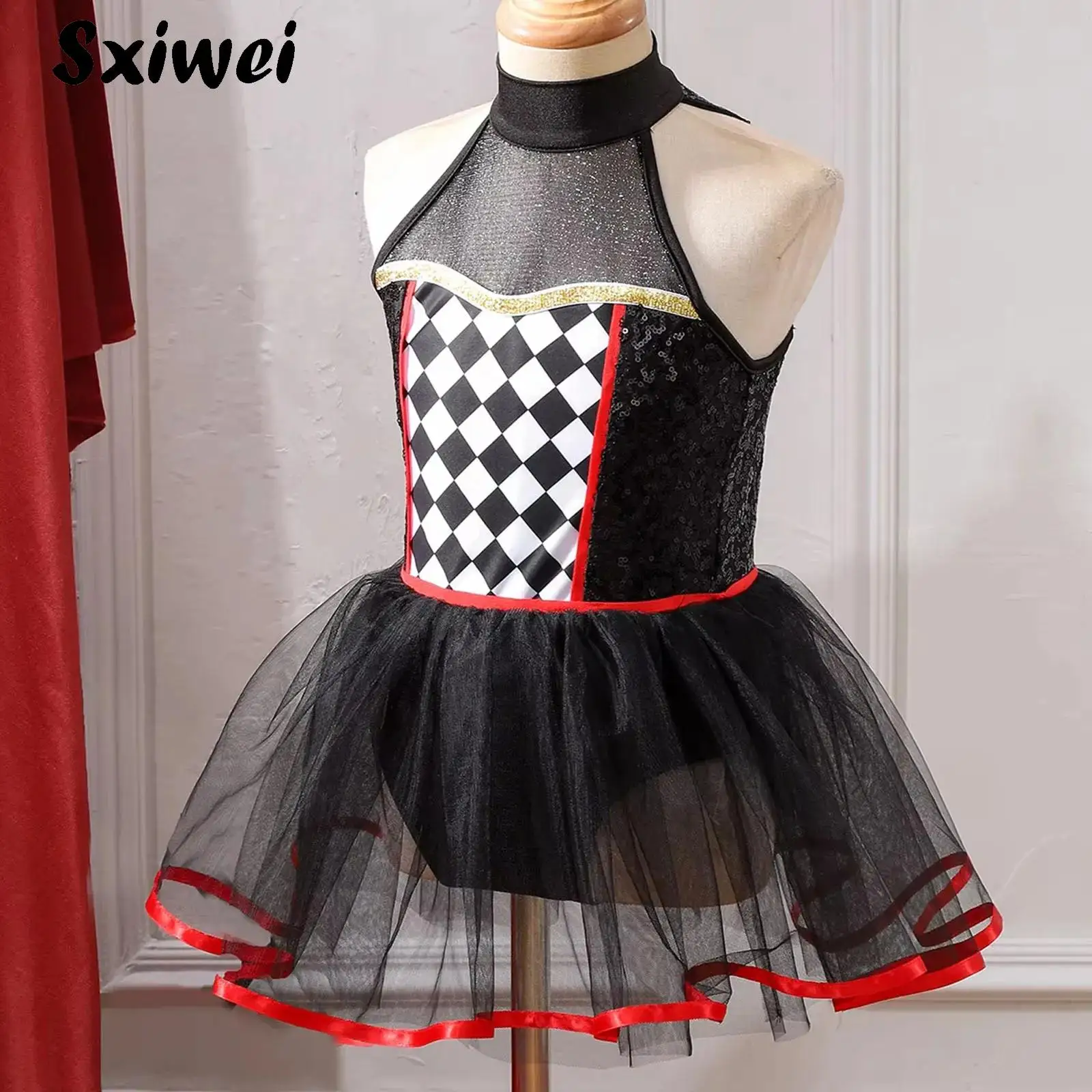 Girls Sequins Ballet Dance Tutu Dress Checkerboard Print Mesh Skirt Gymnastics Figure Ice Skating Leotard Circus Clown Dress Up