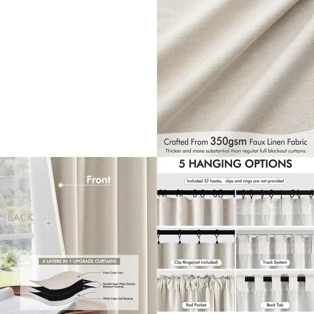 

Плотные светонепроницаемые шторы, 244 см в длину, комплект из 2 панелей для спальни, фактурные затемняющие занавески с крючками, цвет березовый