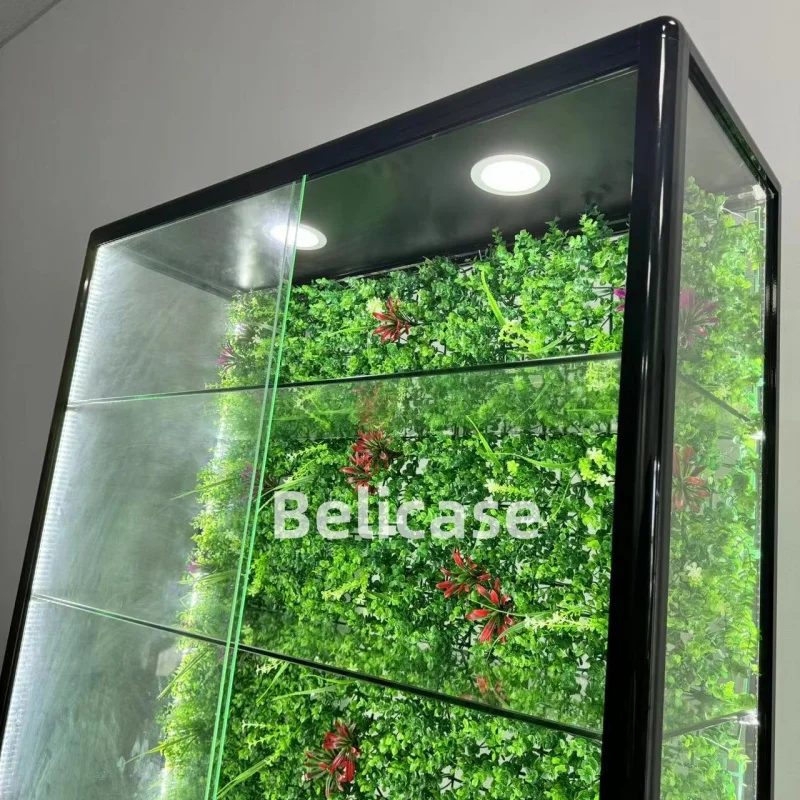 2025 personalizado. Smoke Shop exibe vitrines de vidro com gramíneas Display de estrutura de alumínio Luz mutável Exibição de vidro alta