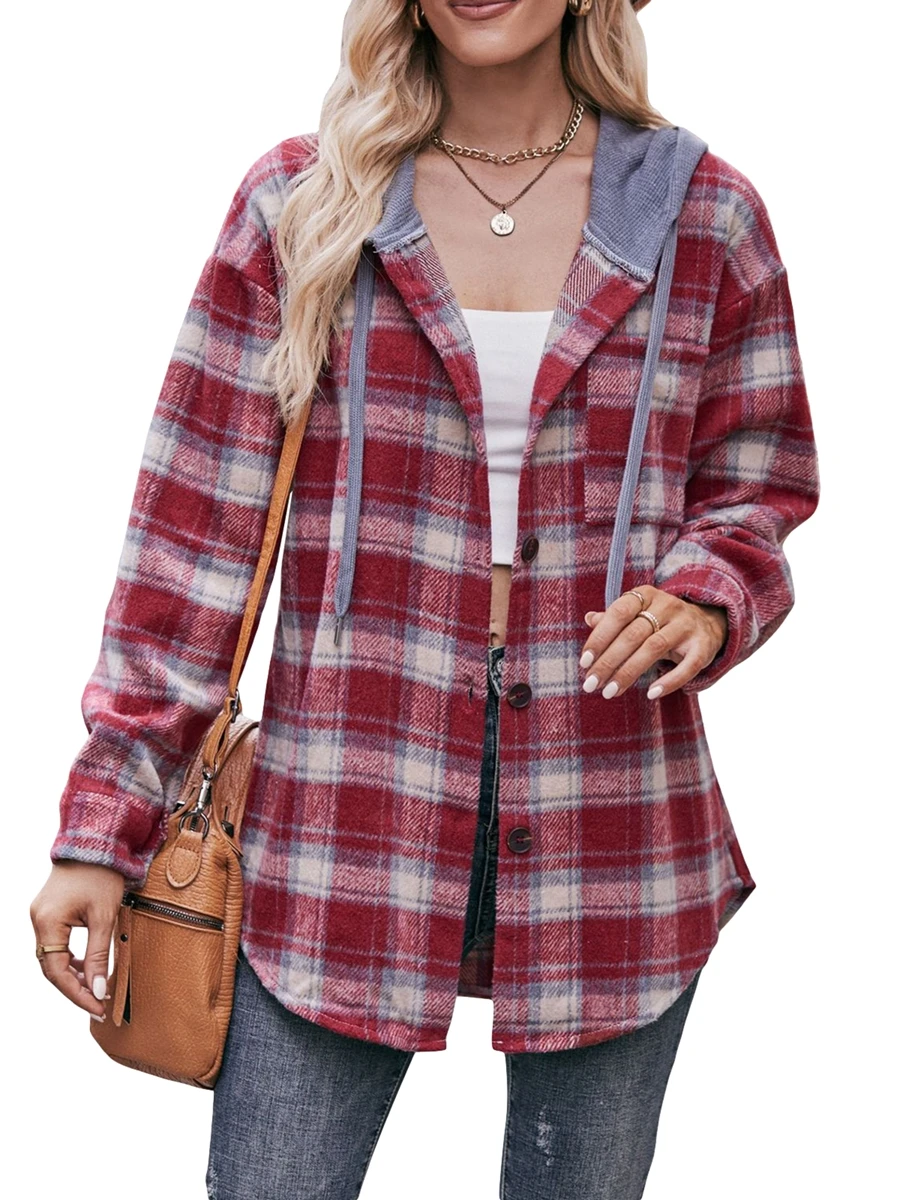 

Women’s Plaid Print Hood Coat, Long Sleeve Lapel Casual Flannel Shacket Jacket Button Closure Outerwear