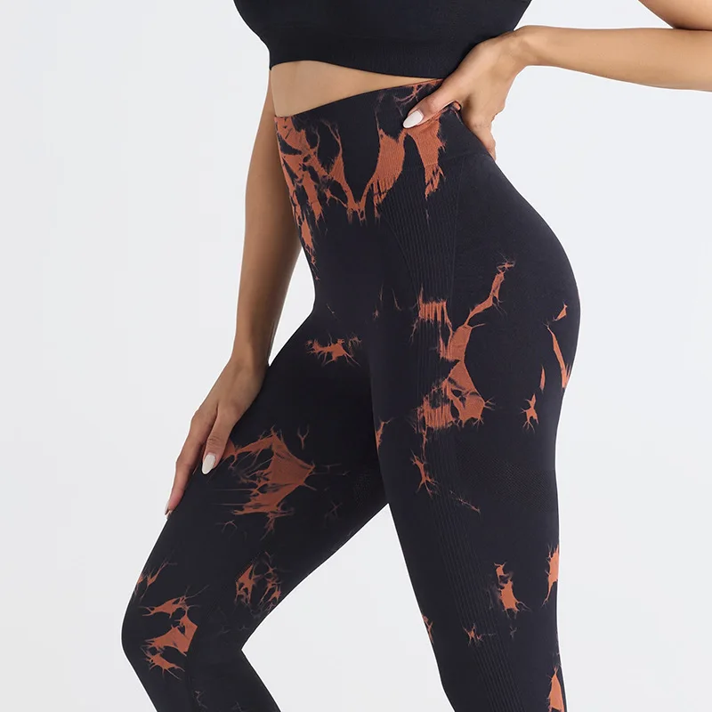 SexyYogaSportPantsSeamlessTie-dye para mulheres cintura alta hip-lifting calças de fitness elásticas sem linhas estranhas roupas femininas apertadas