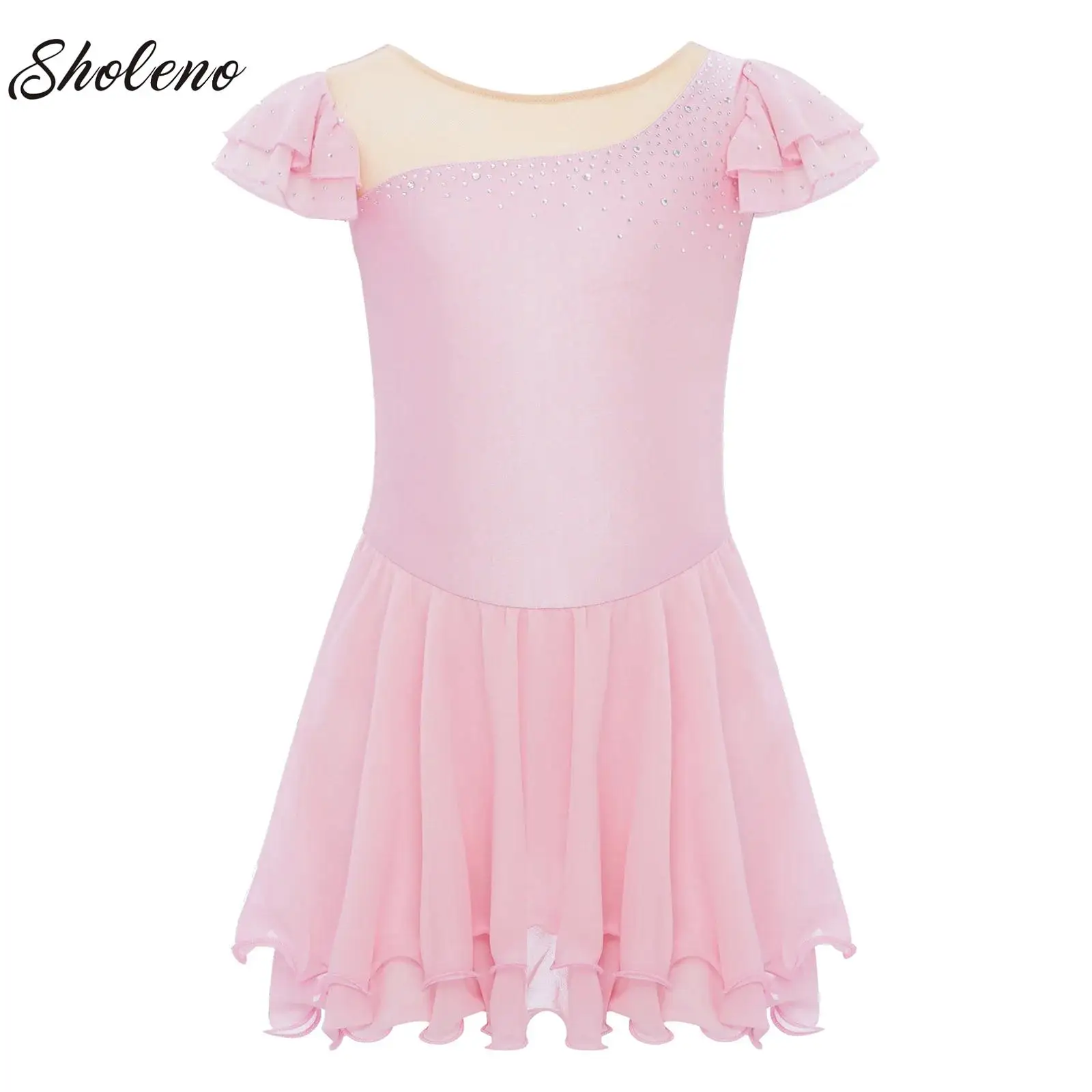 

Kids Girls Ballet Tutu Gymnastics Figure Skating Lyrical Dance Costume Dress Sheer Mesh Patchwork Glittery Rhinestones Dress