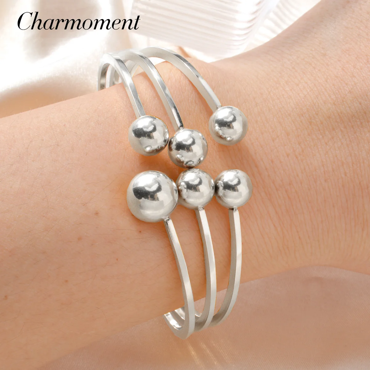 Silver Color Metal Ball Bracelet for Women Simple Adjustable Bead Geometric Hand Bangle Girl Birthday Luxury Jewelry Accessories