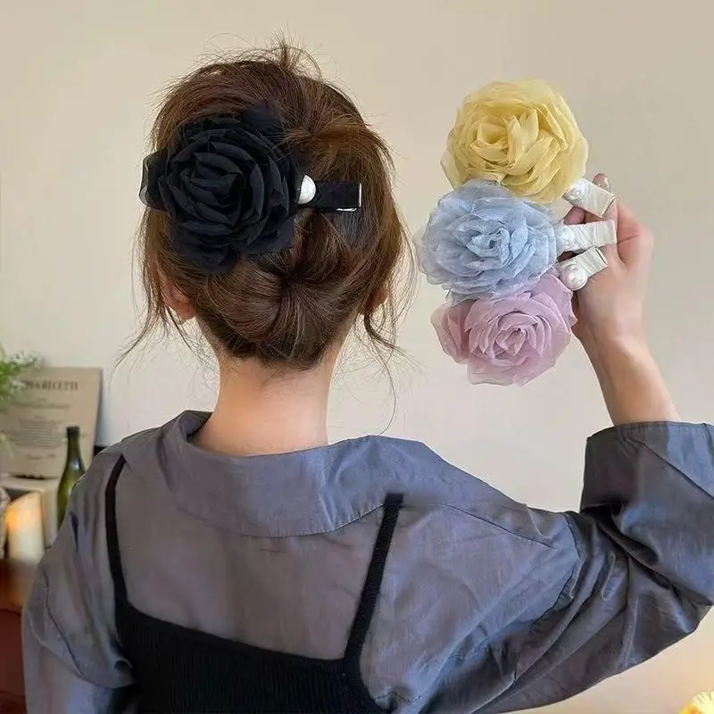 

Elegant Delicate Korean-style Gauze Rose Flower Sweet Rose Hairpin Duckbill Clip Imitation Pearl Floral Clip Hair Accessories
