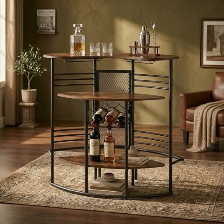 

43-Inch Industrial Home Bar Unit with Footrest, Curved Bar Cabinet, 6-Bottle Wine Rack, Stemware Holders, 3-Tier Storage Shelve