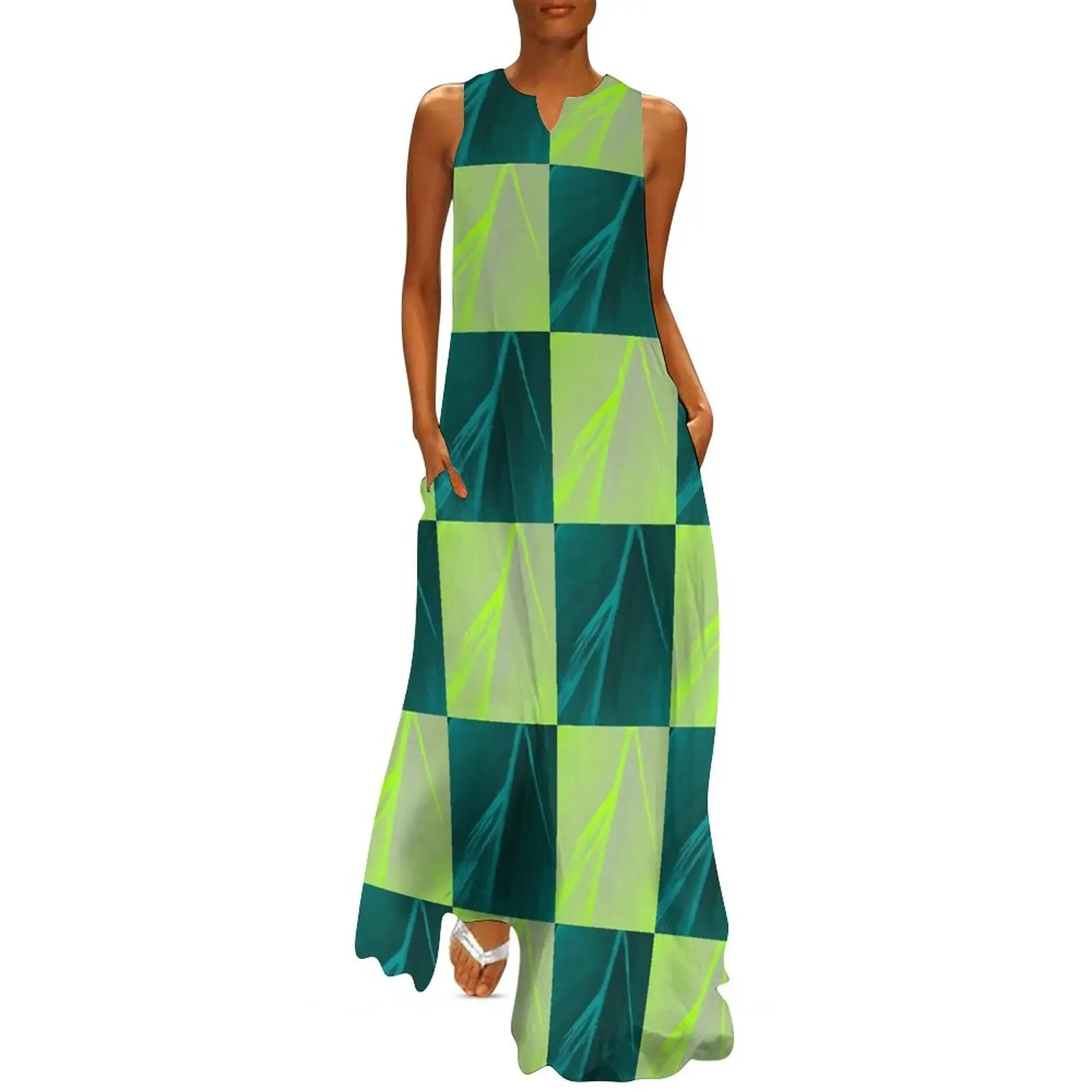 Colorblock Print Dress Modern Check Kawaii Maxi Dress V Neck Custom Boho Beach Long Dresses Street Wear Oversize Vestido