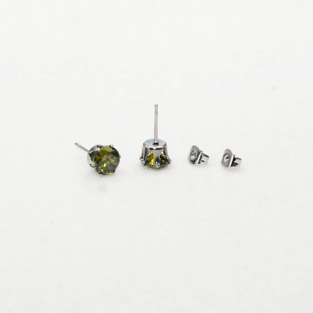Pendientes de Acero Inoxidable con Circonitas AAA Reales de 7mm, Redondos, Verde Oliva, Minimalistas, Hipoalergénicos, No se Decoloran, Estilo Clásico