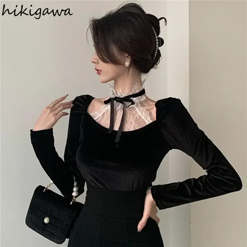 Vintage Blouses Women Elegant Blusas Square Collar Shirts Patchwork Lace Velvet Shirt Korean Blouse Fashion Y2k Clothes Tops