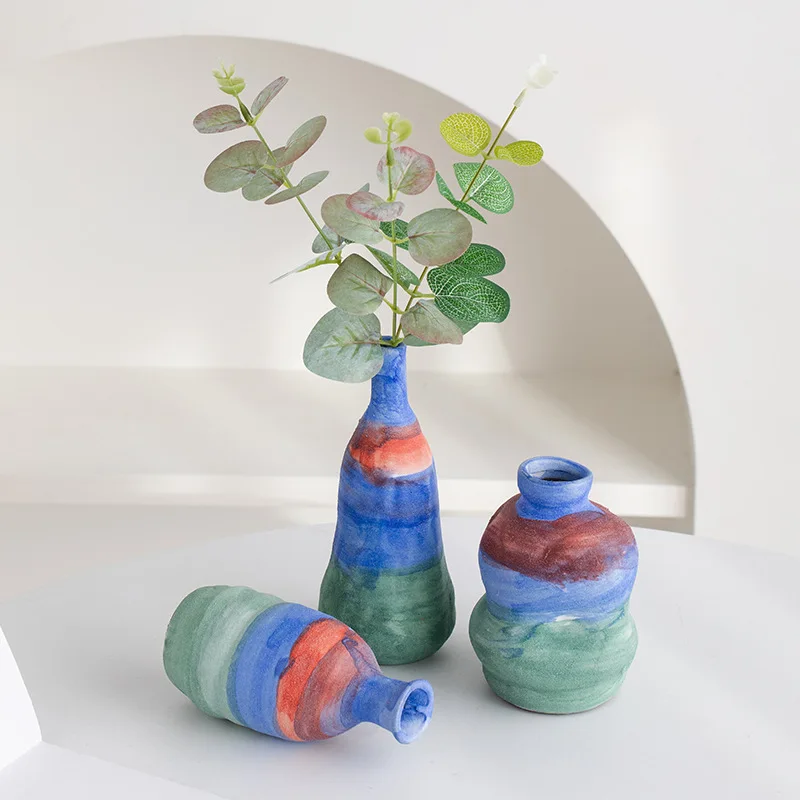 Creative Color Hand-painted Ceramic Vase, Wabi Sabi Style Small Vase, Living Room Dining Table Pottery Jar Flower Pot Home Decor