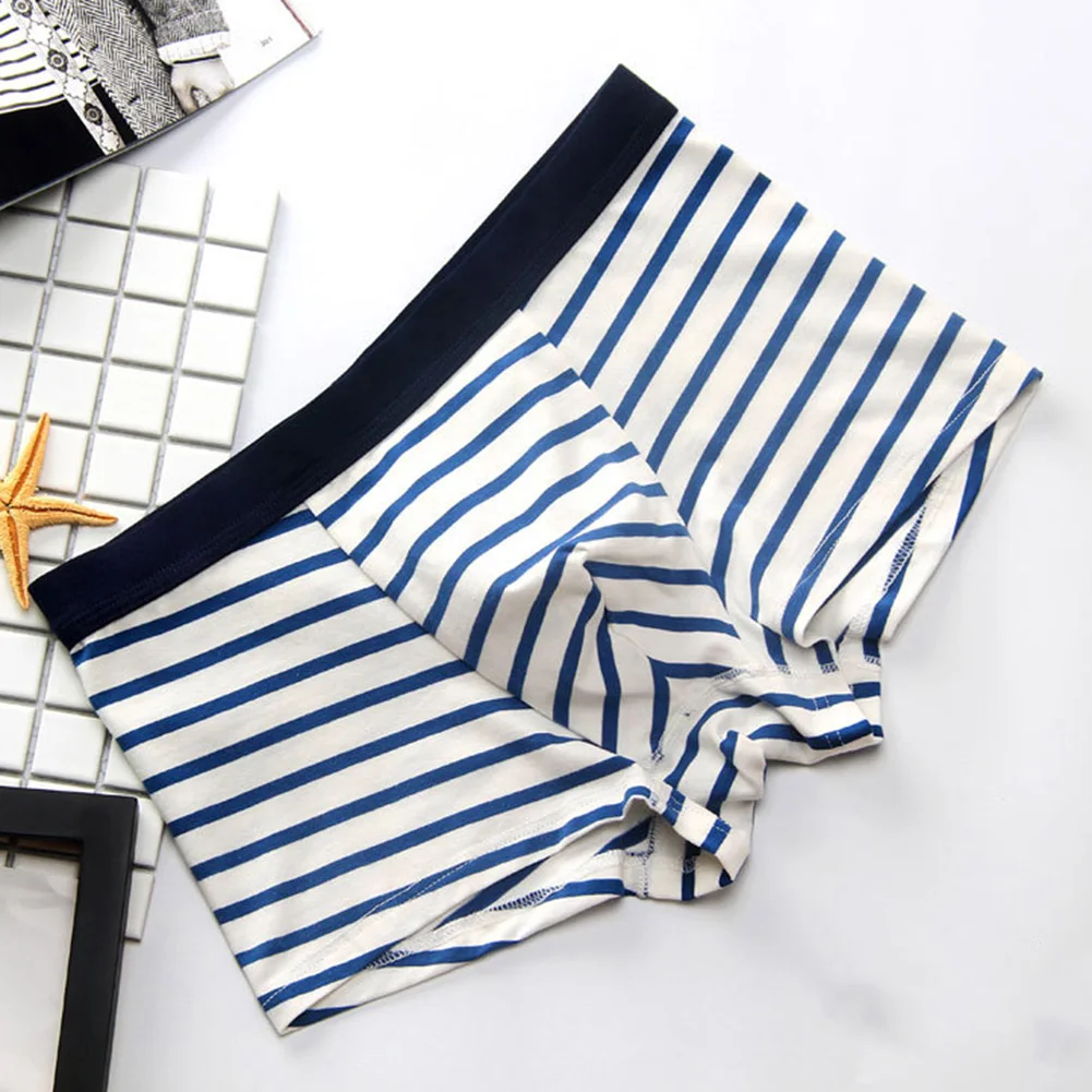 Men Stripe Underwear Cotton Comfortable Soft Briefs Daily Panties Middle Waist Shorts Bulge Pouch Elastic Loose Lingerie