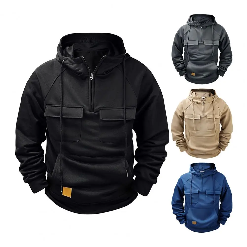 Men Fall Spring Hoodie Men's Cargo Style Sport Top with Multi Pockets Drawstring Hem Half Zipper Hoodie for Fall Spring Casual