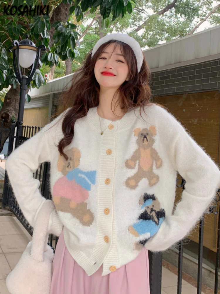 KOSAHIKI Girl Kawaii Bear Cardigan Sweater Top Women Loose Knitted  Coat Korean Fashion Harajuku Streetwear Jumper Jacket