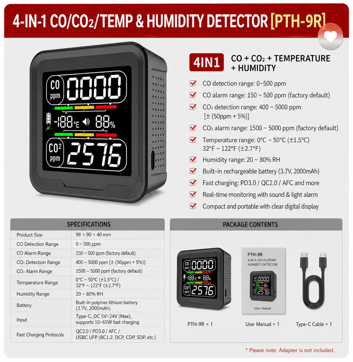 

FABISENSE 4 in 1 Portable Carbon Monoxide Detector, CO CO2 Tempe Humi Air Quality Monitor with Large LCD Display for home RV