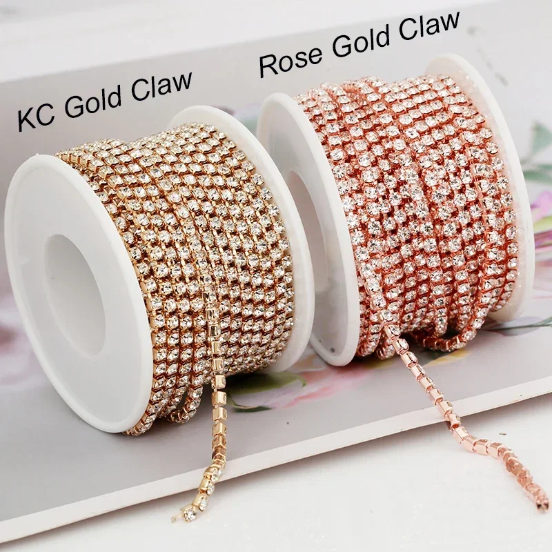 RESEN SS6-SS18(2mm-4.5mm)Silver/Gold Base Clear Crystal Dense Rhinestone Chain Apparel Sewing Glass Rhinestone Cup Chain Crystal