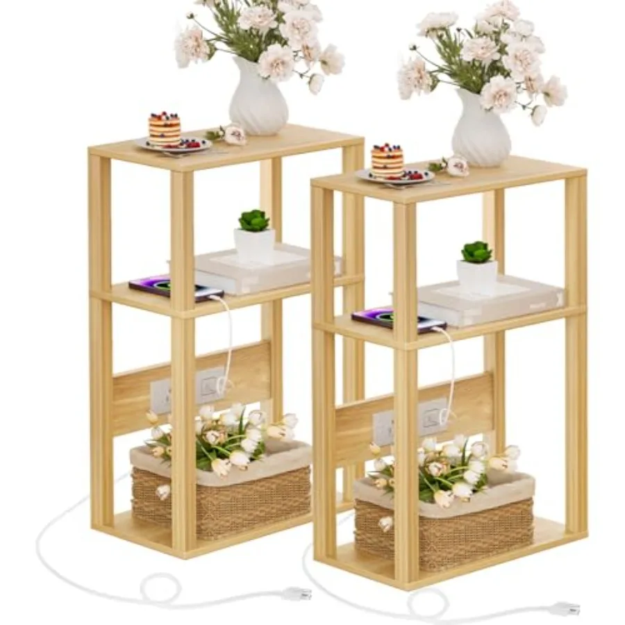 3 Tier Small Narrow Bamboo Side Table Set of 2 with Charging Station - Skinny Nightstand for Small Spaces Slim Bedside Table wi