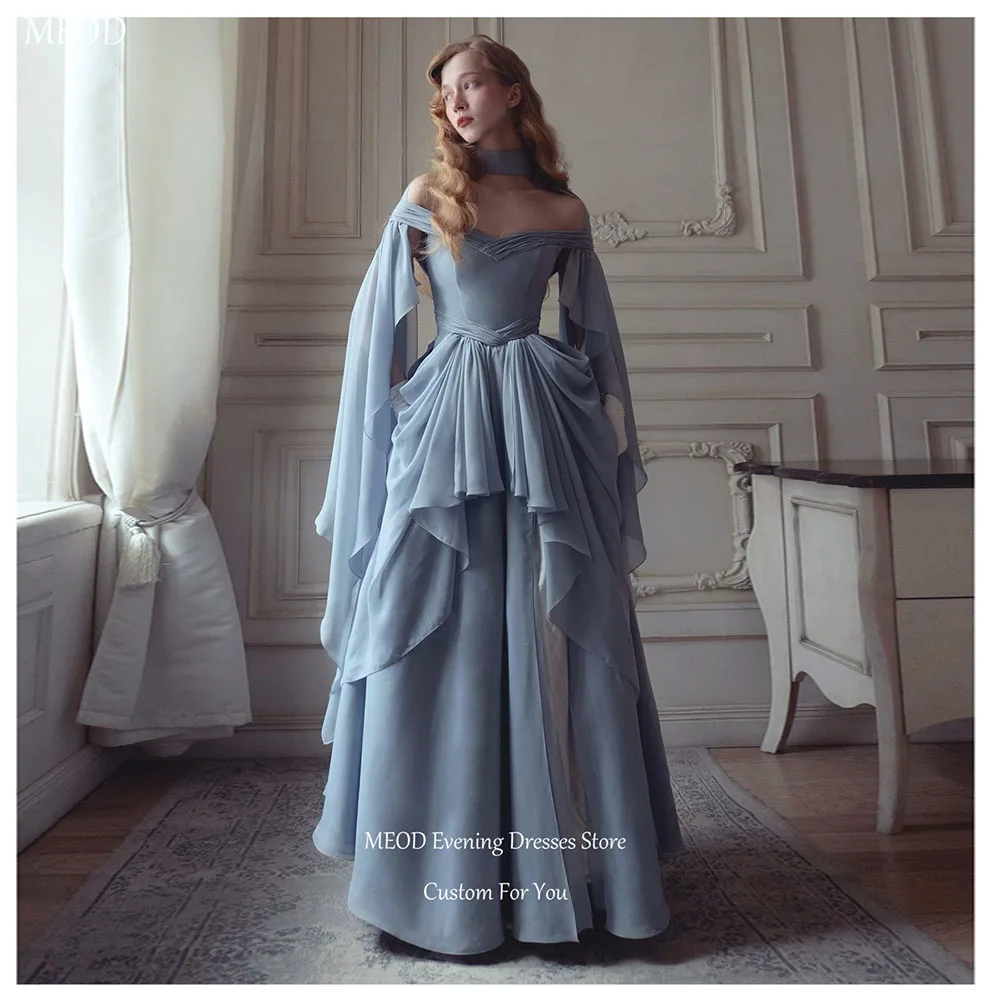 MEOD Bule rückenfreies A-Linien-Abendkleid, trägerlos, bodenlang, Chiffon-Abschlussballkleid, schulterfrei, Robes De Soiree, maßgeschneidert