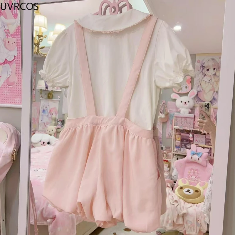 Japanese Kawaii Cute Lolita Style Shorts Set Women Sweet Strawberry Shirt Casual Overalls Bloomers Shorts Gothic Y2k Pink Outfit