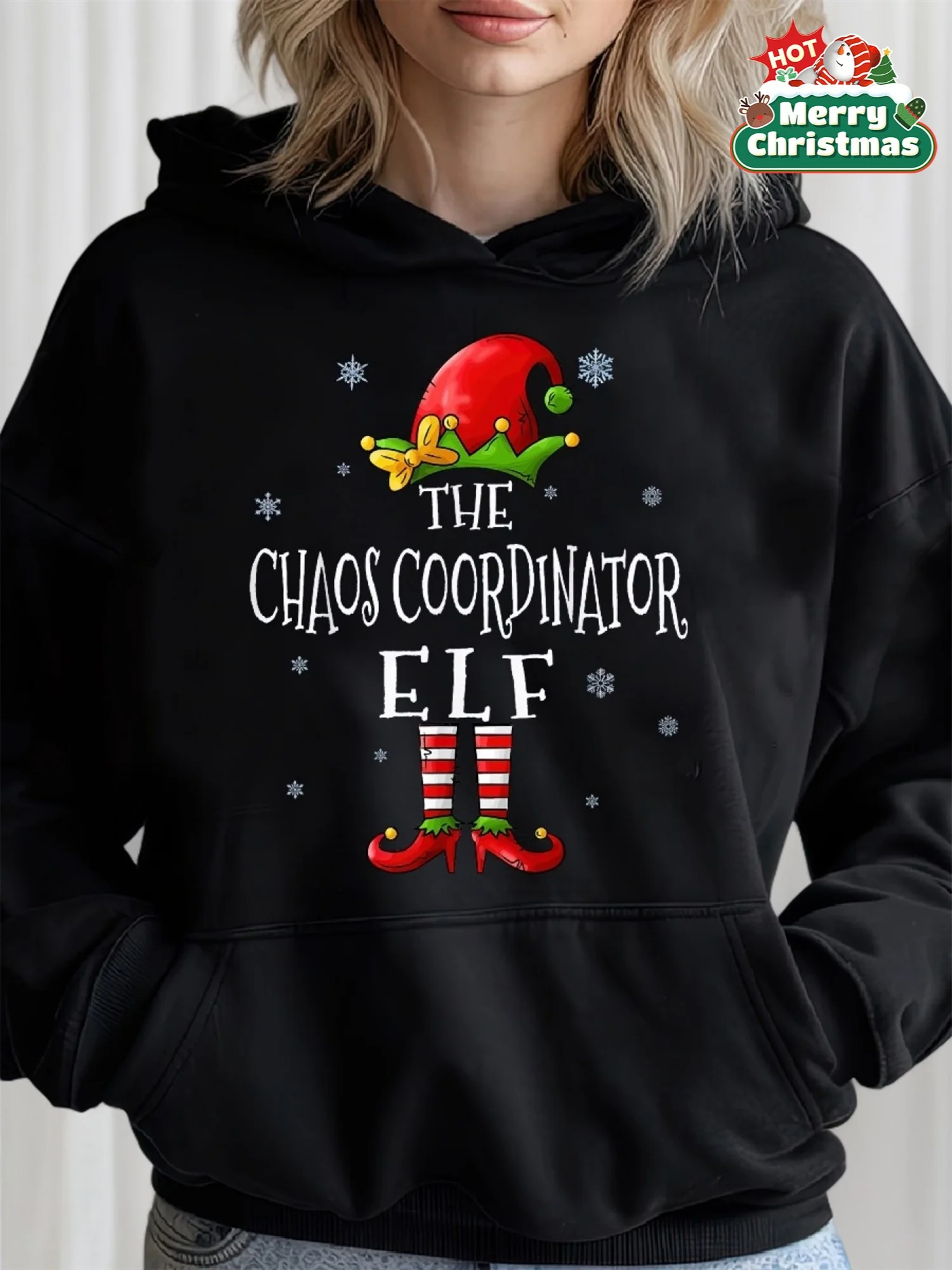 

Женская тонкая рождественская толстовка с изображением эльфа — забавный праздничный свитер с принтером хаоса, рождественской шапкой и дизайном эльфа, Ugly