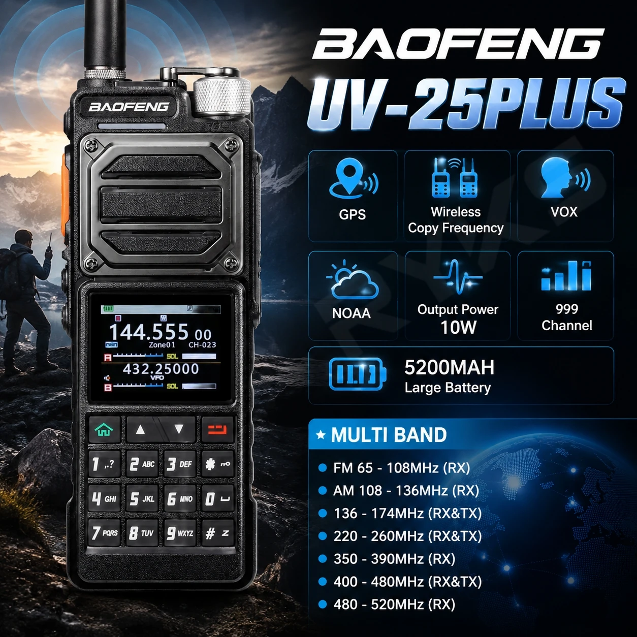 Gps 10W Baofeng Uv-25Plus Walkie Talkie Long Range 5200Mah Battery Am Vhf Uhf Ham Radio For Dm32 Uv32 Uv-25 Pro Max