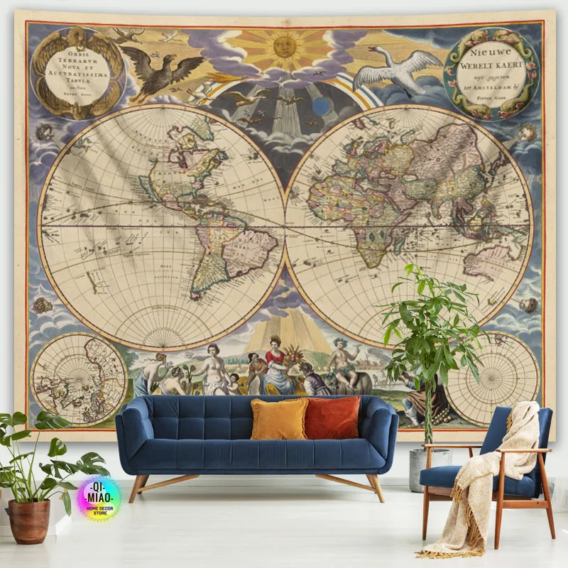 World Map Tapestry Medieval Wall Hanging Kawaii Home Decoration Boho Room Decor Vintage Goth Myth Large Fabric Wall Tapestry Art