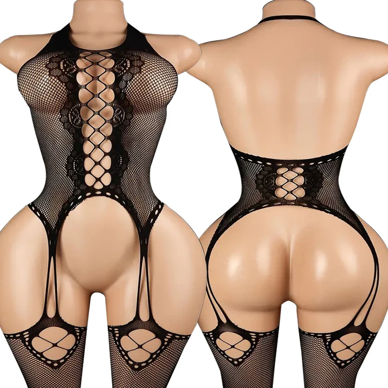 Sling Hanging Neck Bras Lingerie Body Suits Women Sexy Fishnet Hollow Bodystockings Erotic Open Back Crotchless Underwear Sets