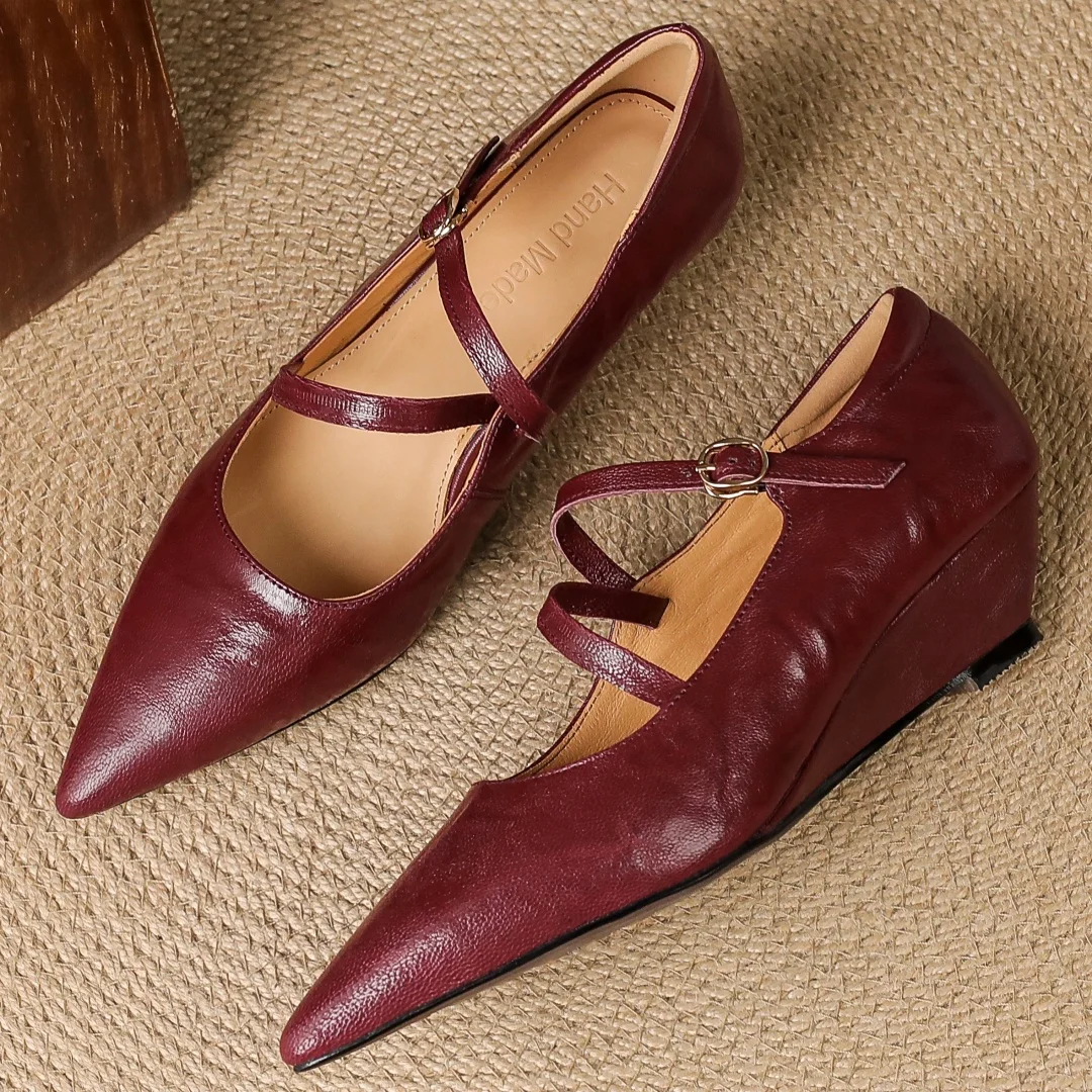 

danxuefei women's sheepskin narrow band cross strap pointed toe slip-on pumps 4cm wedge med heel daily female heeled dress shoes