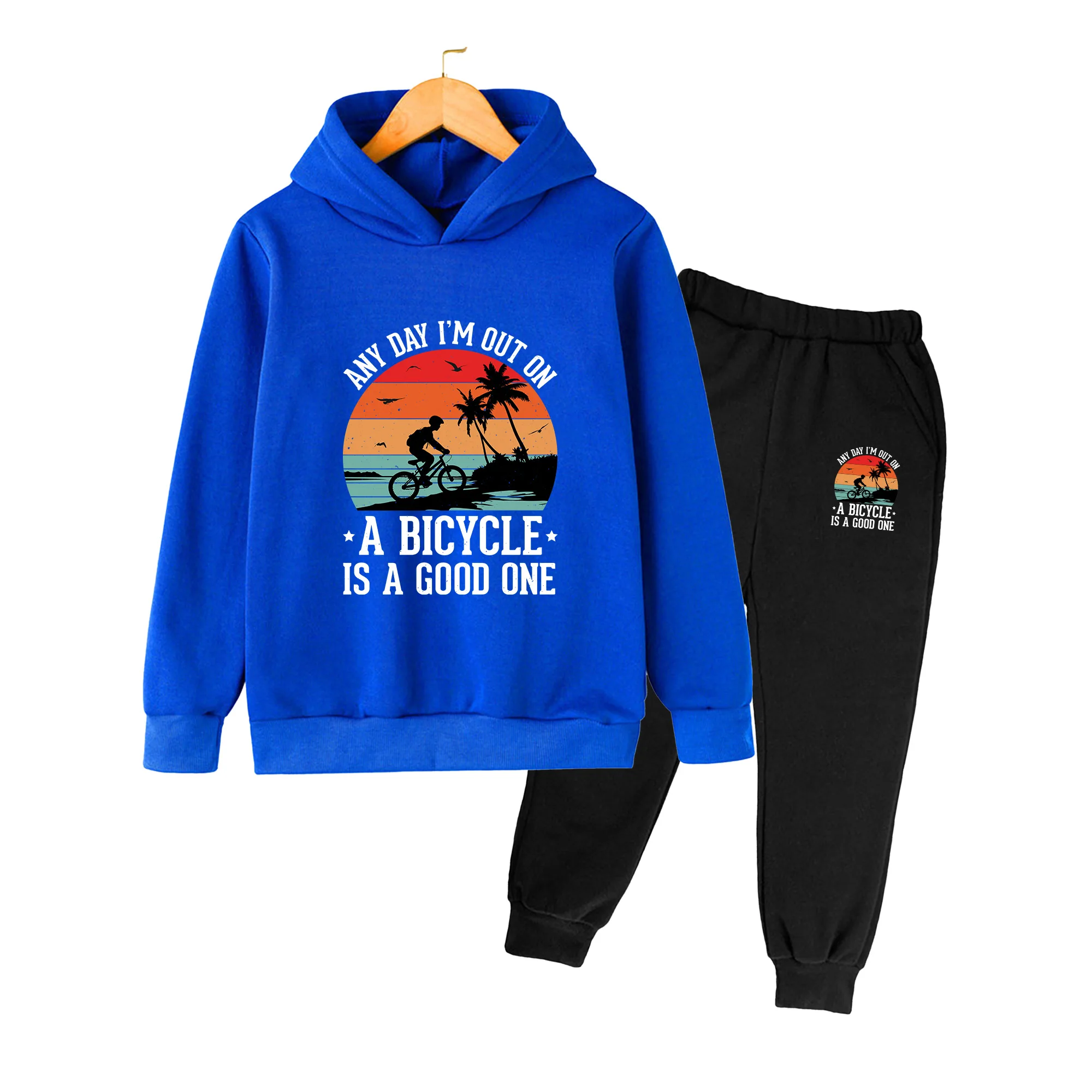 Kids Hoodie & Sweatpants Set, Vintage Sunset Beach Bicycle Print Casual Sportswear for Boys Girls