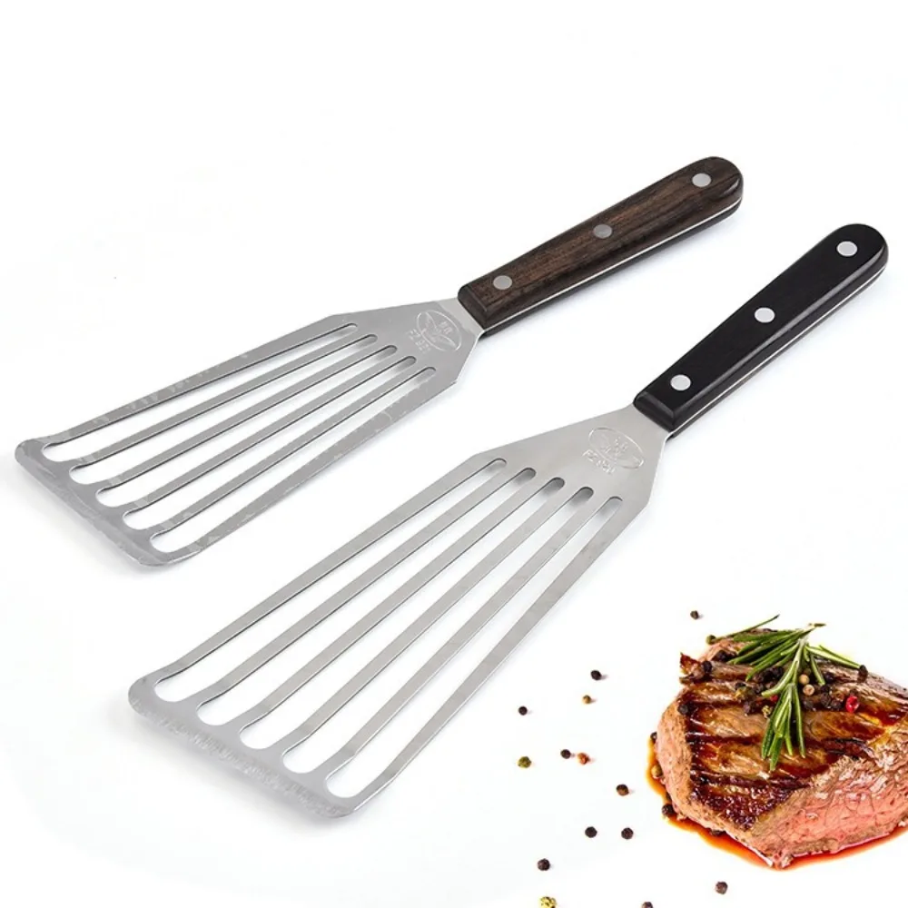 

Fan-shaped Steak Pancake Frying Shovel Stainless Steel with Wooden Handle Fish Spatula Non-Stick Slotted Turner Kitchen Tools