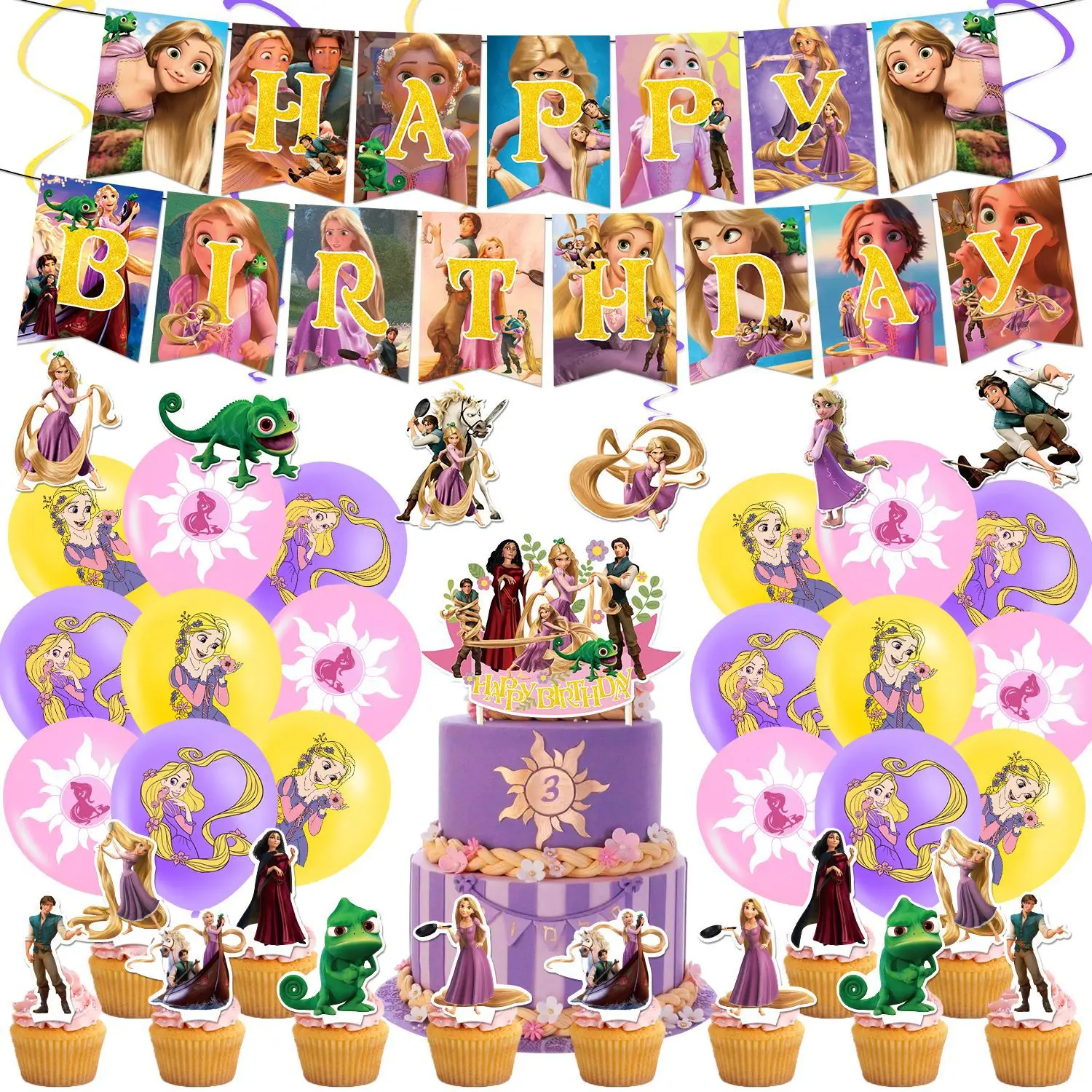 Décorations de fête princesse Raiponce pour filles, fournitures d\'anniversaire, gobelet en papier, assiette, bannière, ballons, Disney, LED plus