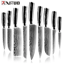 XITUO Kitchen Knives Set 1-9pcs Japanese Chef knife Black Resin Handle Damascus Pattern Santoku Cleaver Slicing Utility Knives