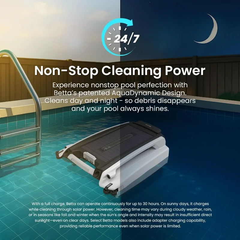 Betta SE Solar-Powered Robotic Automatic Pool Skimmer Cleaner with 24/7 Continuous Cleaning Battery Power